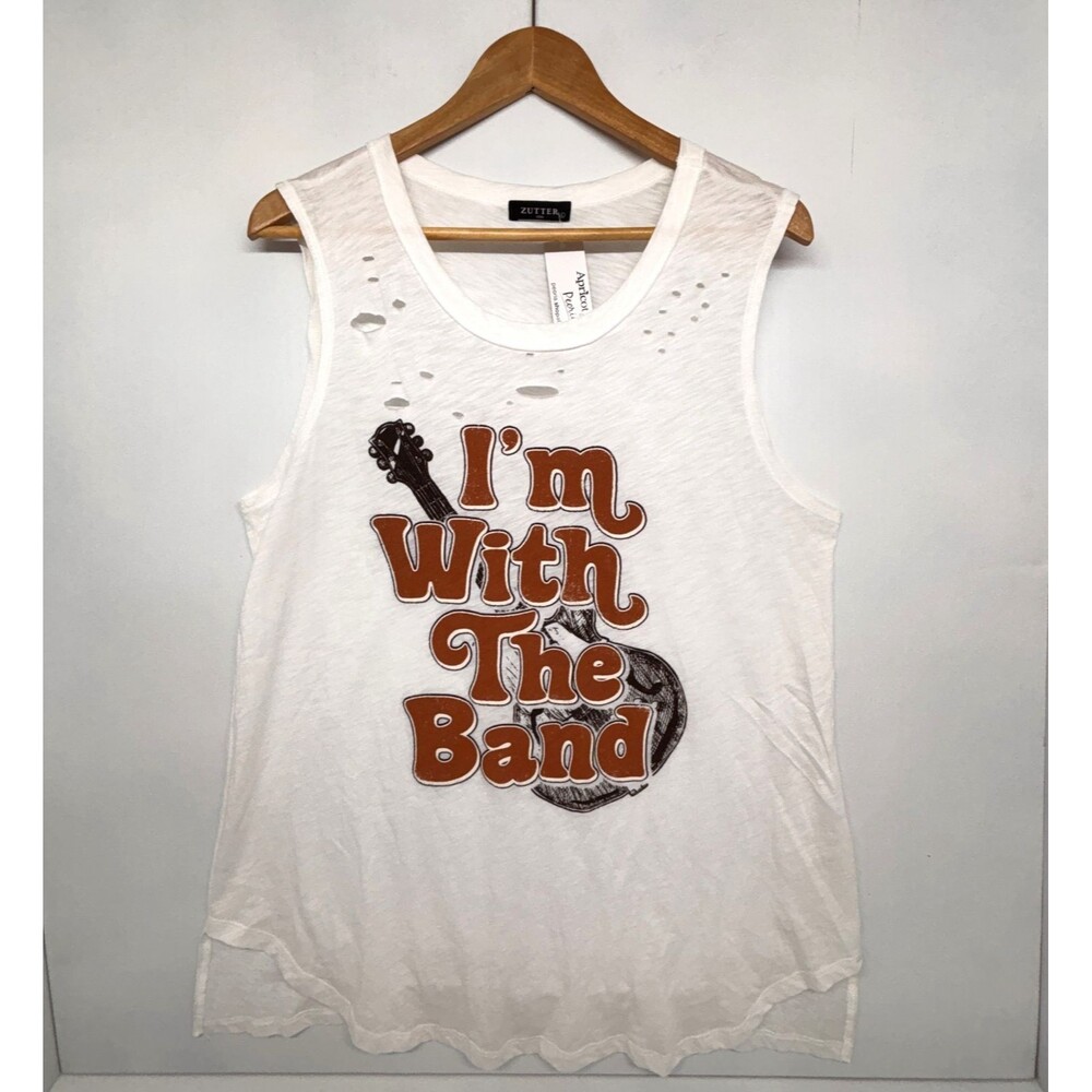 "I'm With The Band" Sleeveless White Tank Top Shirt Zutter USA Size Large - NWT